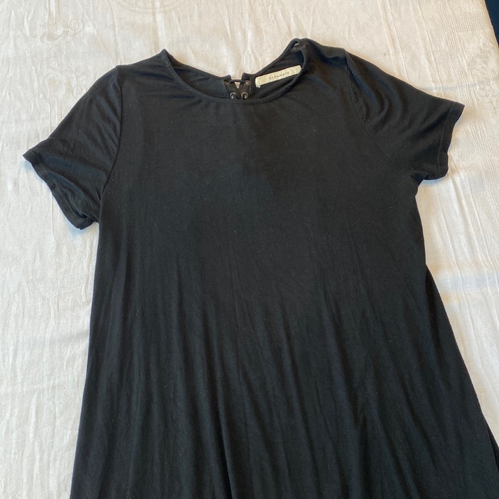 Dreamers Black t-shirt shift dress with key-hole lace up detail back. Size Med.